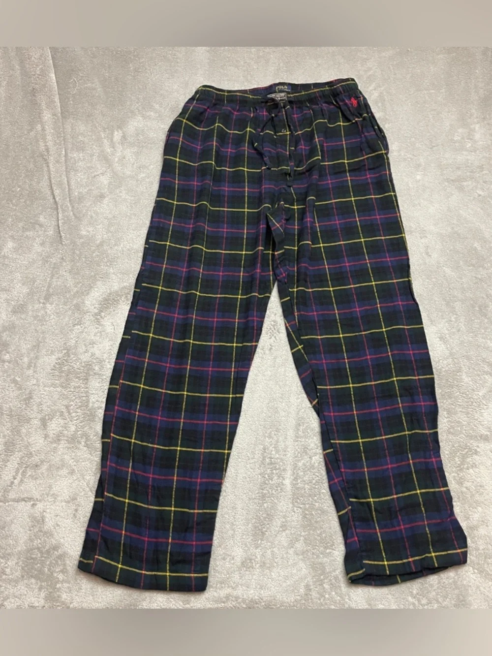 Polo Ralph Lauren Pajama Pants Mens Large Blue Green Plaid Flannel Pony